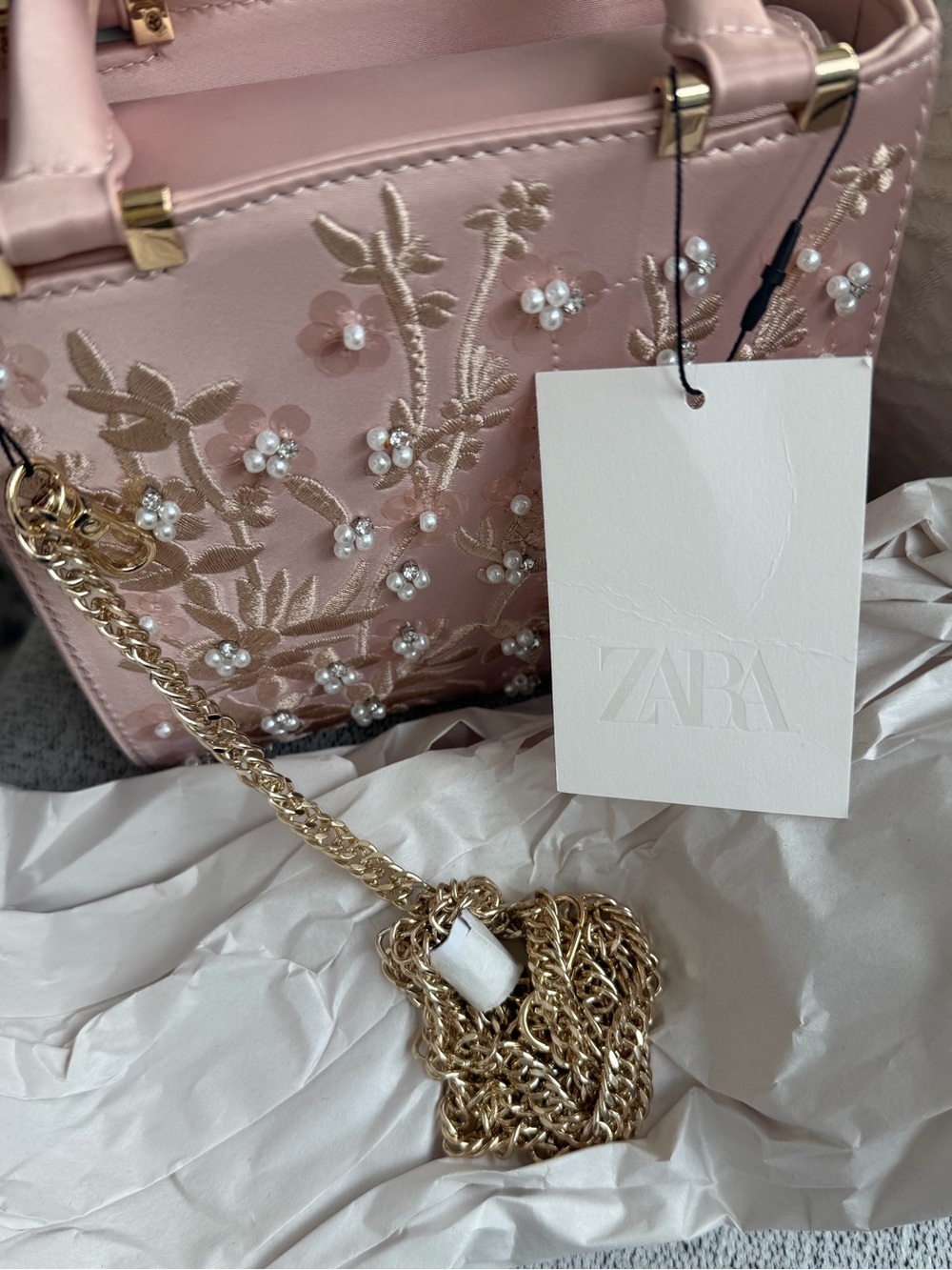 Zara Pink Floral Embellished Structured Bag - Picture 6 of 6